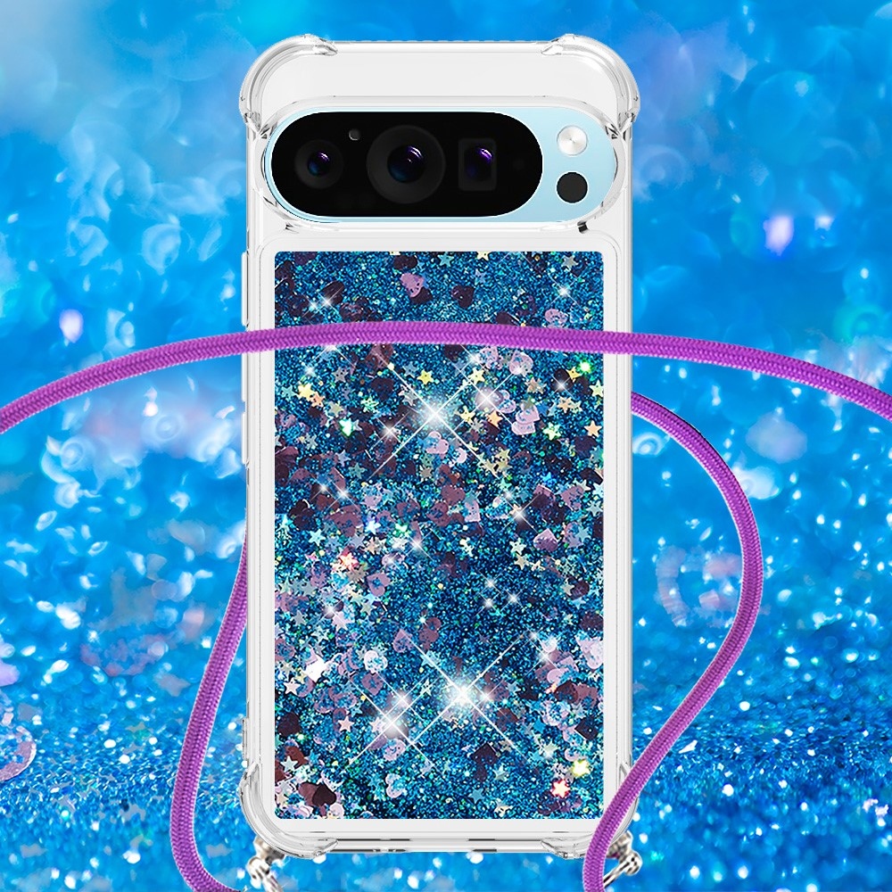 Glitters přesýpací gelový obal se šňůrkou na Google Pixel 10 Pro/Pixel 10 - modrý/srdíčka