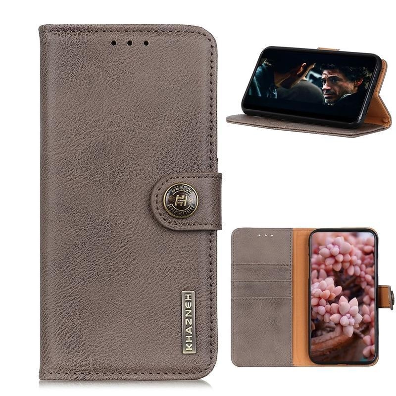 Khaz PU kožené peněženkové pouzdro na mobil Samsung Galaxy A42 5G - khaki
