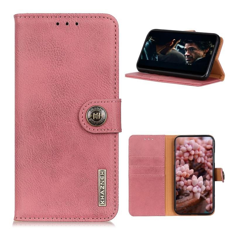 Khaz PU kožené peněženkové pouzdro na mobil Samsung Galaxy A42 5G - růžové