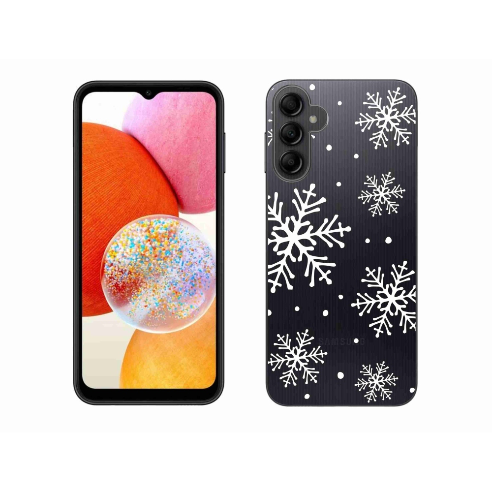 Gelový kryt mmCase na Samsung Galaxy A14 4G/5G - bílé vločky na průhledném pozadí