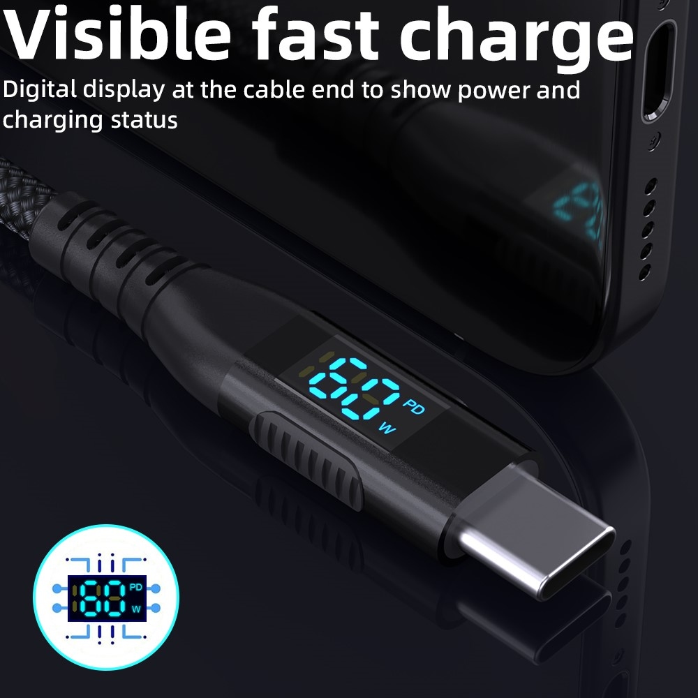 Nylonový kabel USB-C / USB-C s displejem 3m 60W - černý