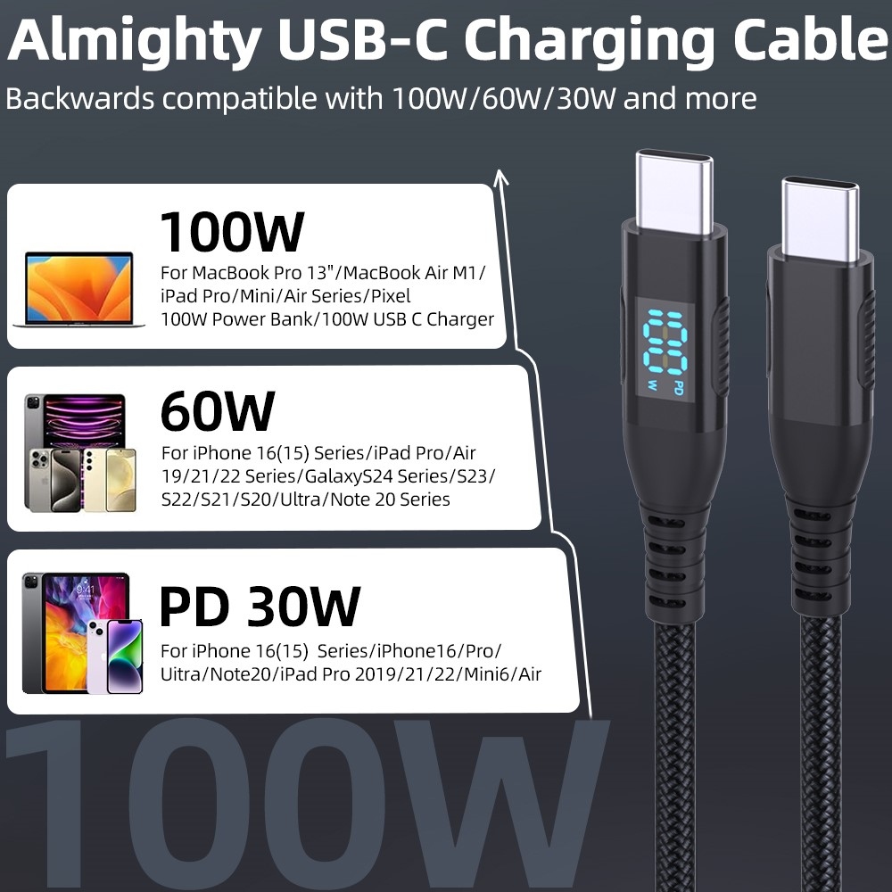 Nylonový kabel USB-C / USB-C s displejem 1m 100W - černý