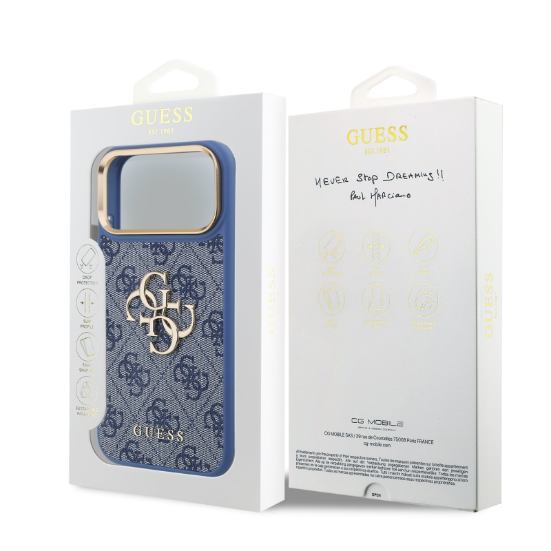 Guess PU Leather 4G Metal Logo Gold Frame Zadní Kryt pro iPhone 18 Pro Max Blue