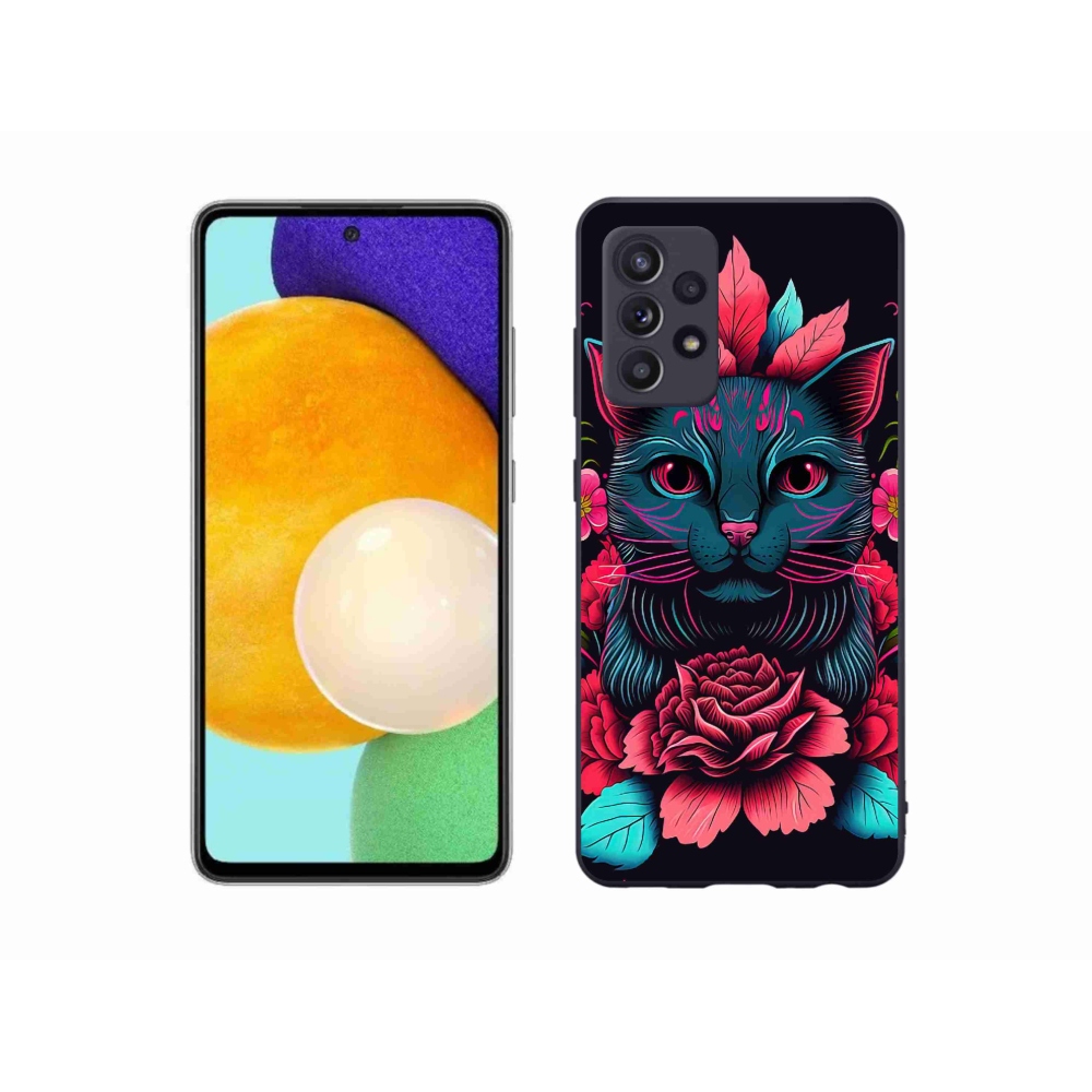 Gelový kryt mmCase na Samsung Galaxy A52/A52 5G - květiny a kočka
