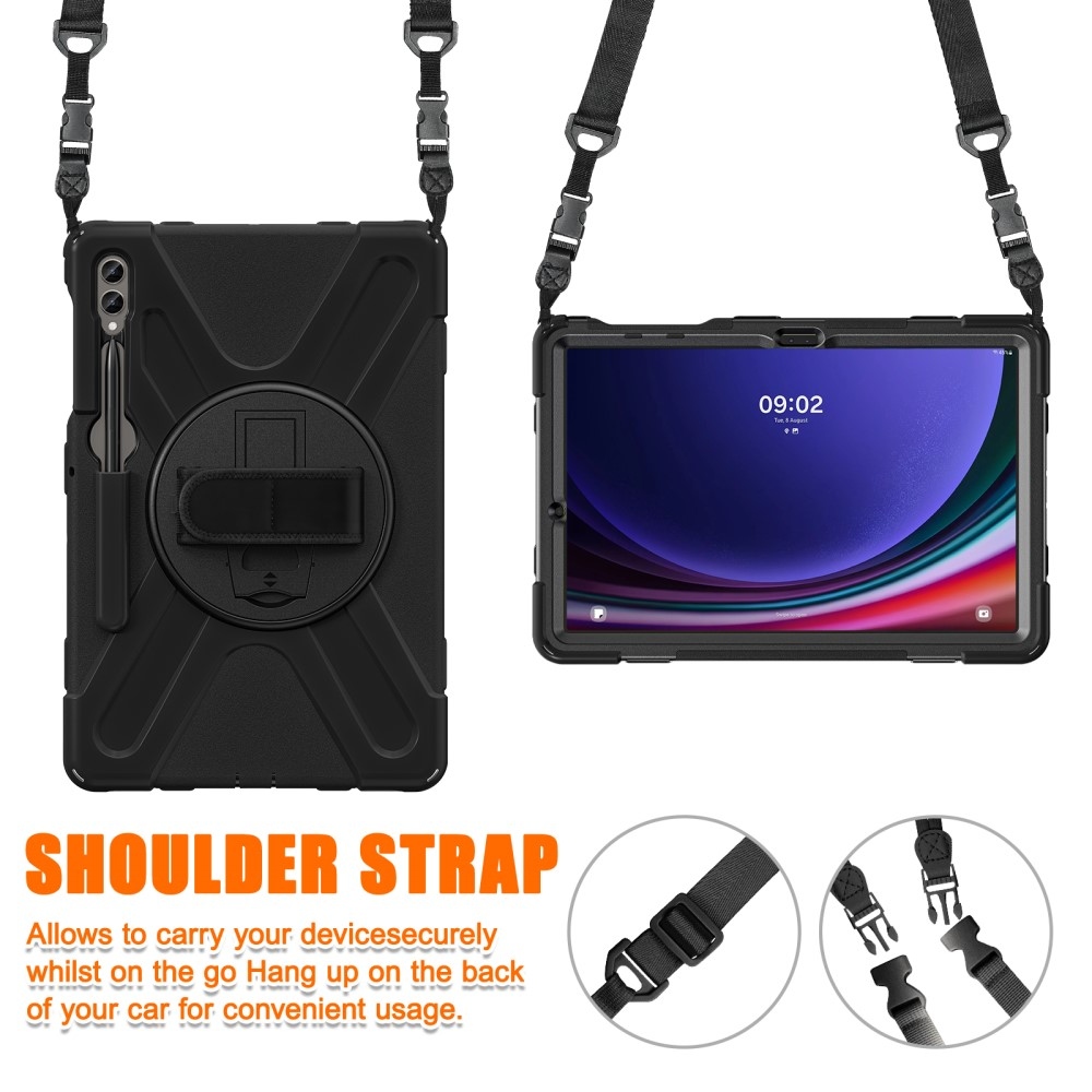 Strap odolný kryt s úchopem na ruku a popruhem na Samsung Galaxy Tab S10+/S9+/S9 FE+/S8+/S7+ - černý