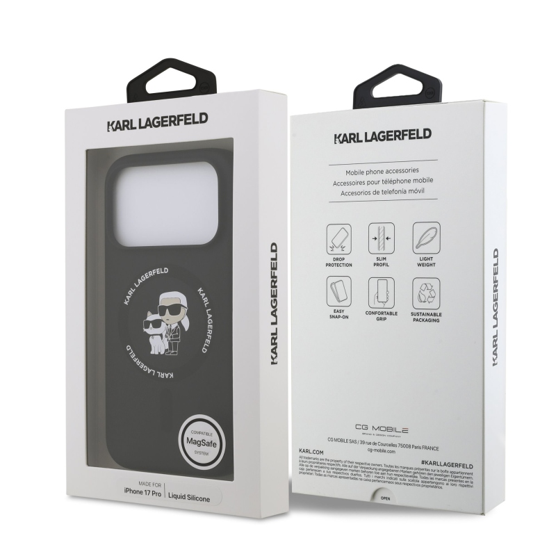 Karl Lagerfeld Liquid Silicone Karl and Choupette MagSafe Zadní Kryt pro iPhone 17 Pro Black