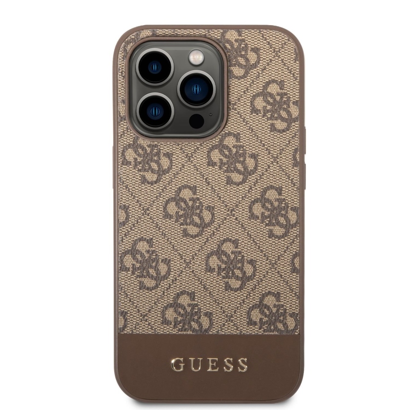 Guess PU 4G Stripe Zadní Kryt pro iPhone 14 Pro Brown