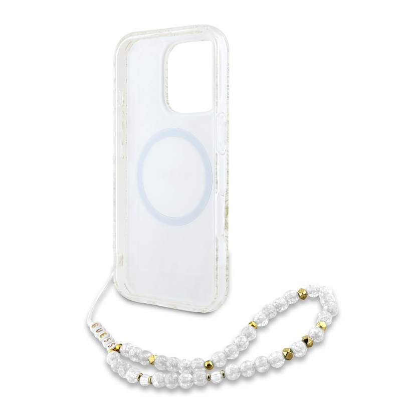 Guess IML Flowers Allover Strap MagSafe Zadní Kryt pro iPhone 16 Pro Max White