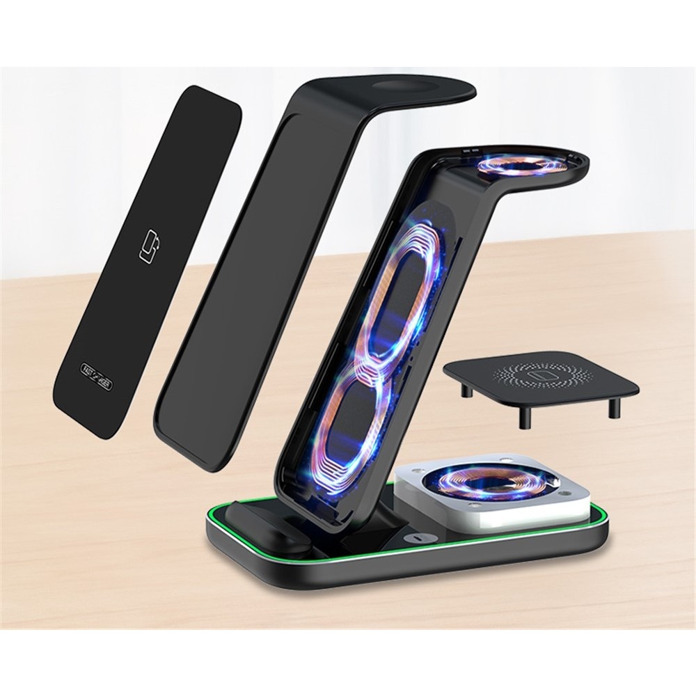 YF-A6 bezdrátová nabíjecí stanice 3v1 15W s nočním světlem - černá