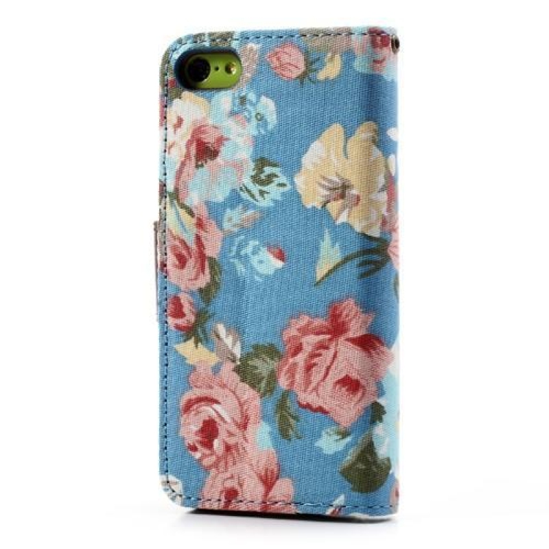 Květinkové PU kožené/textilní pouzdro na iPhone 5C - modré
