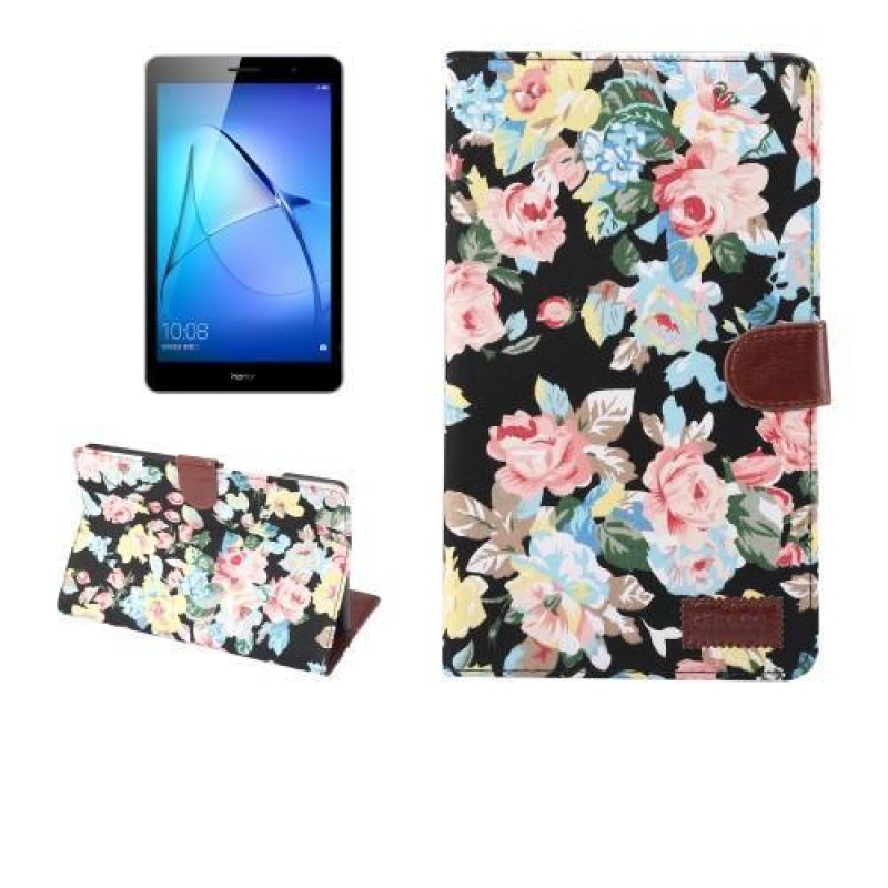 Květinové textilní/PU kožené pouzdro na Huawei MediaPad M3 Lite 10 - černé