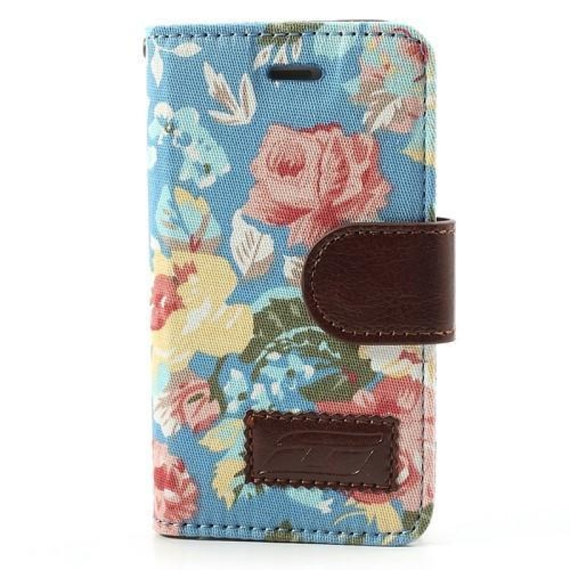 Květinové textilní/PU kožené pouzdro na iPhone 4 a 4s - modré