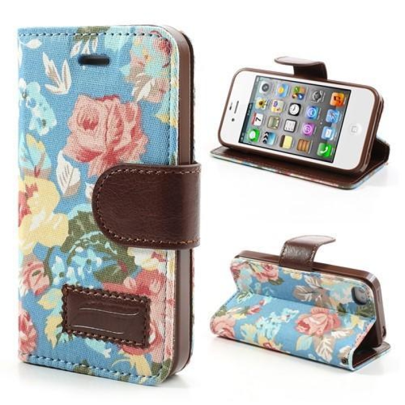 Květinové textilní/PU kožené pouzdro na iPhone 4 a 4s - modré