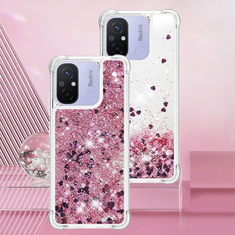 Glitter přesýpací gelový obal na Xiaomi Redmi 12C - růžovozlatý/srdíčka