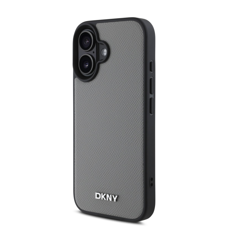 DKNY PU Leather Silver Metal Logo Magsafe Zadní Kryt pro iPhone 16 Grey