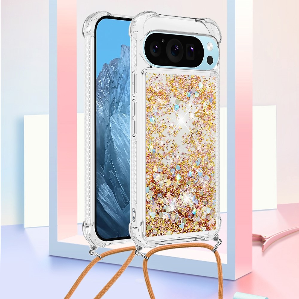 Glitters přesýpací gelový obal se šňůrkou na Google Pixel 10 Pro/Pixel 10 - zlatý/srdíčka