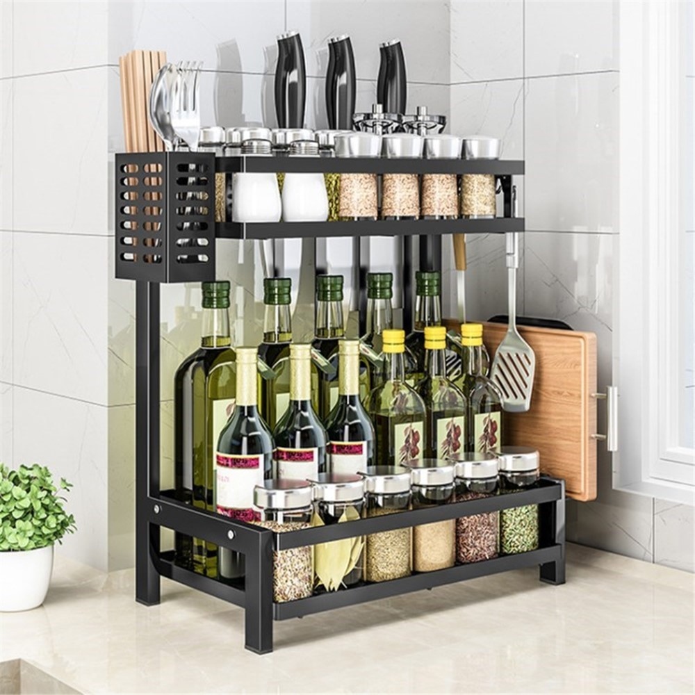 Dvoupodlažní stojan na kořenky a nože z uhlíkové oceli – černý