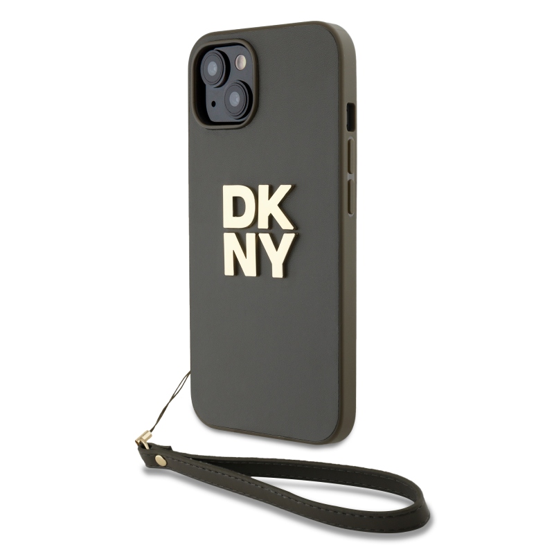 DKNY PU Leather Stack Logo Wrist Strap Zadní Kryt pro iPhone 14 Brown