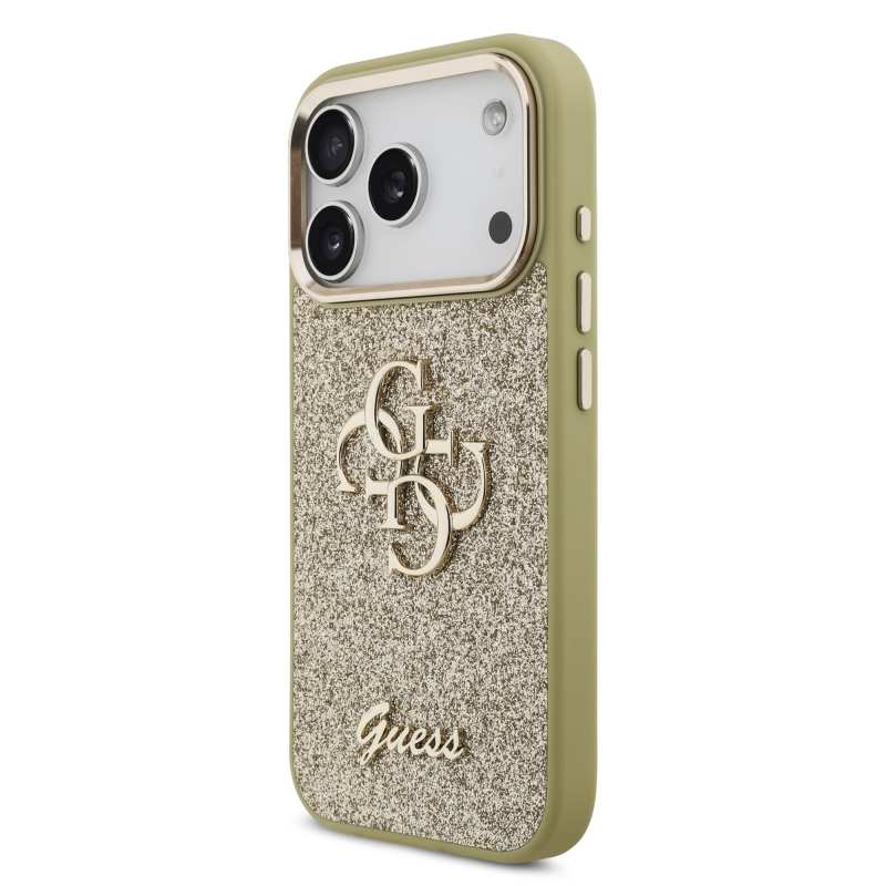 Guess PU Fixed Glitter 4G Metal Frame Zadní Kryt pro iPhone 17 Pro Gold
