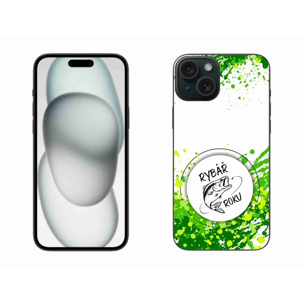 Gelový kryt mmCase na iPhone 15 Plus - rybář roku bílé pozadí