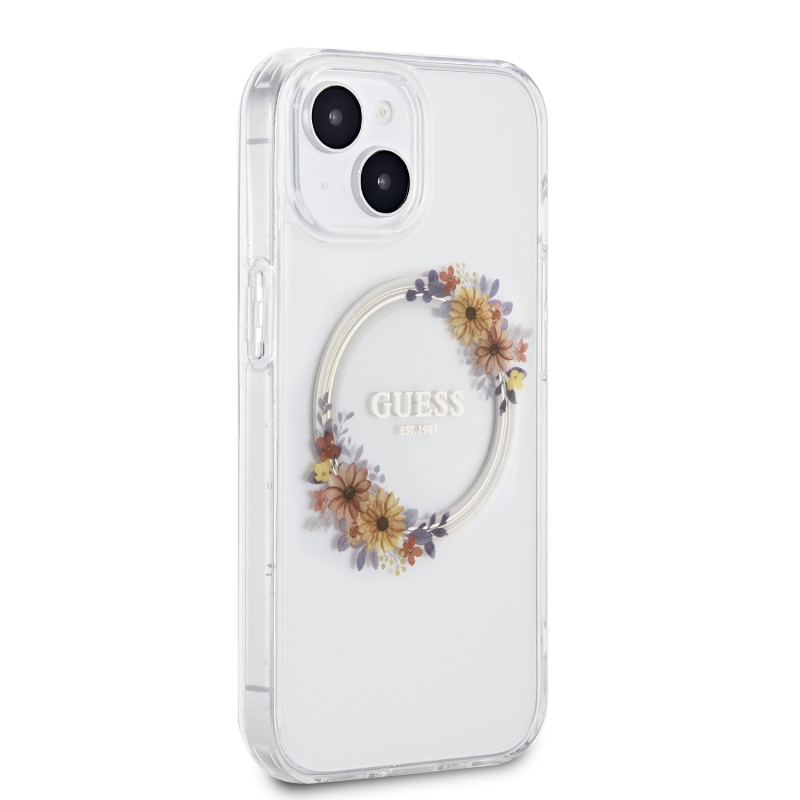 Guess PC/TPU Flowers Ring Glossy Logo MagSafe Zadní Kryt pro iPhone 15 Plus Transparent