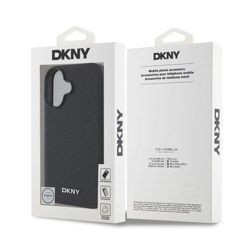 DKNY PU Leather Silver Metal Logo Magsafe Zadní Kryt pro iPhone 16 Plus Black