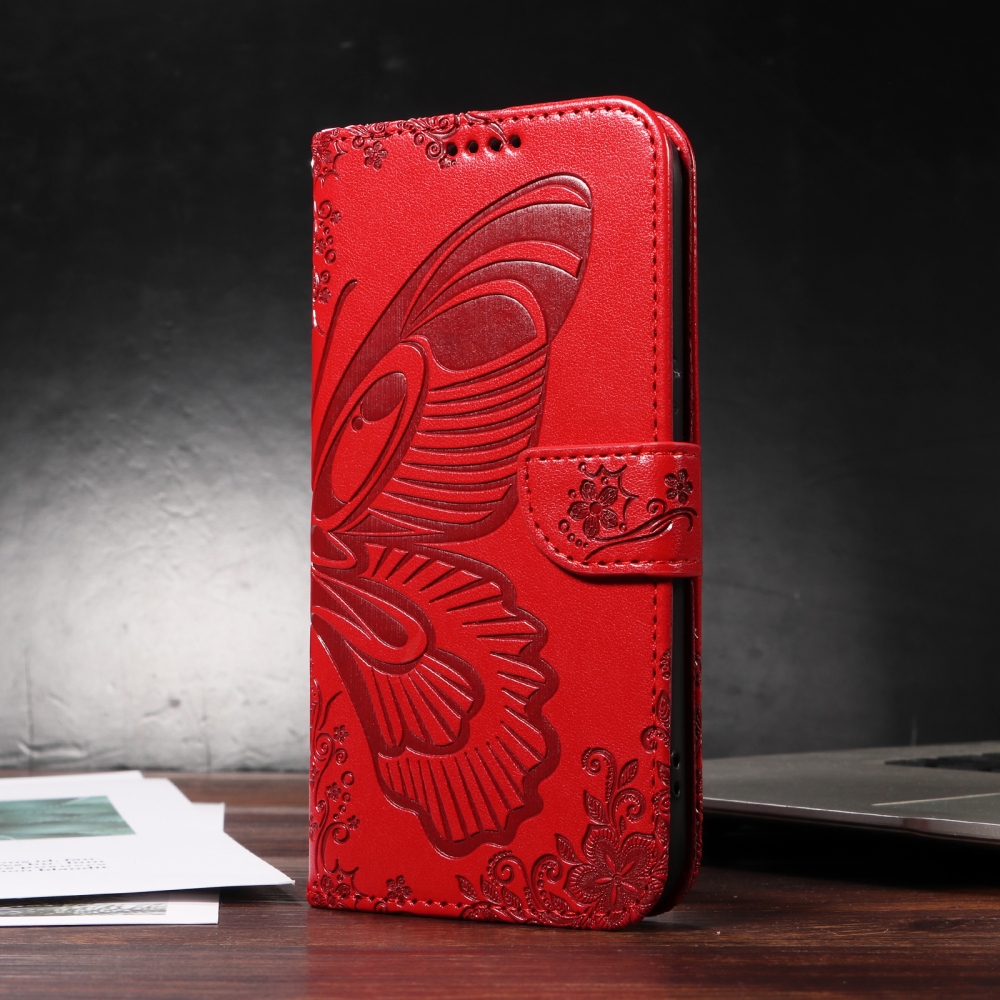 Floral Butterfly knížkové pouzdro na iPhone 17 - červené