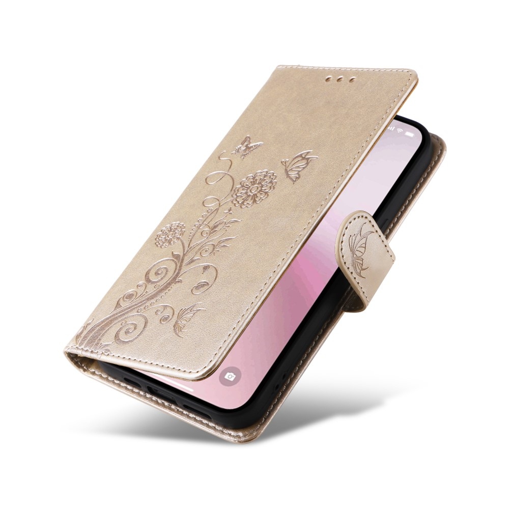 Flowery knížkové pouzdro na iPhone 16e - zlaté