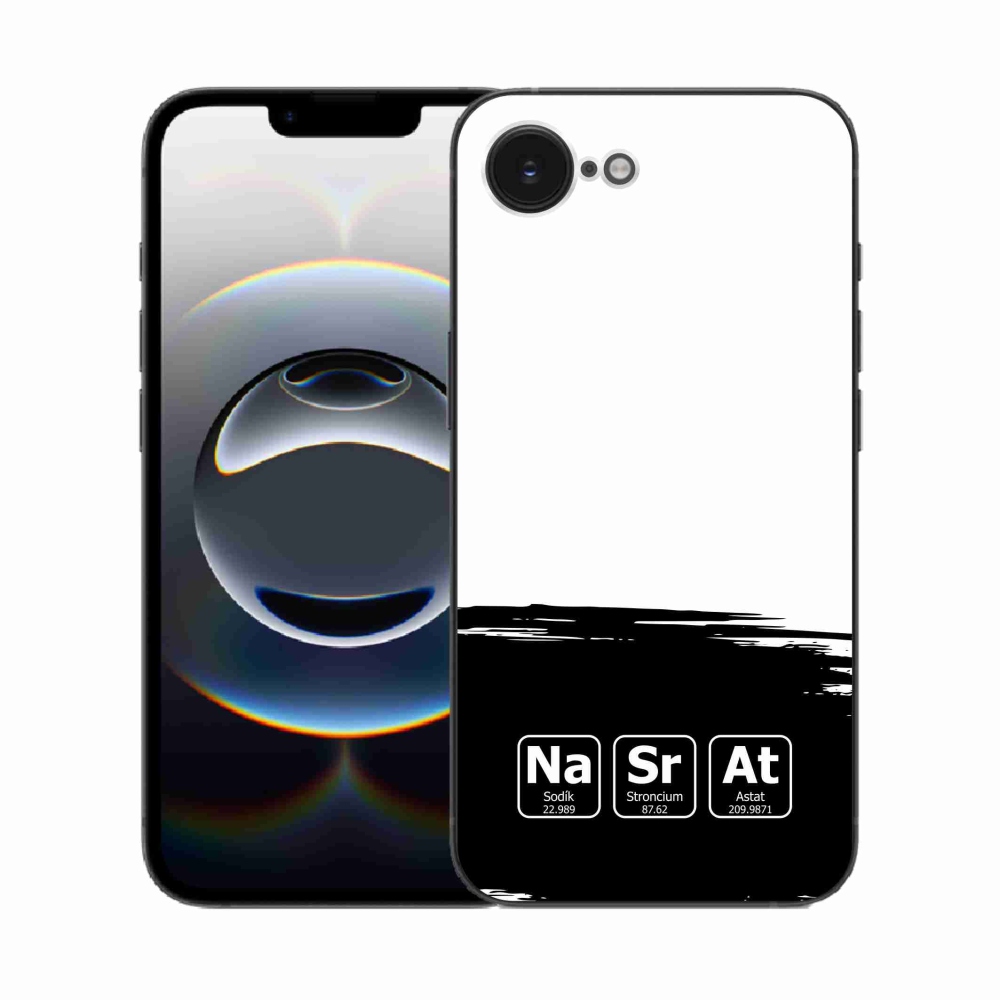 Gelový kryt mmCase na iPhone 16e - chemické prvky černobílé pozadí