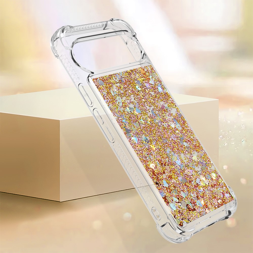 Glitter přesýpací gelový obal na Google Pixel 10 Pro/Pixel 10 - zlatý/srdíčka