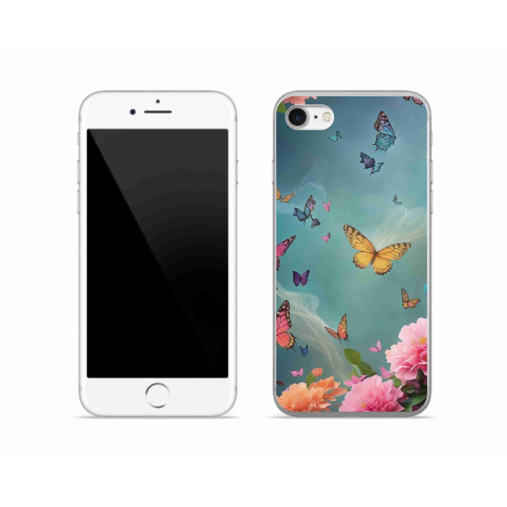 Gelový kryt mmCase na iPhone SE (2020) - barevné květy a motýli