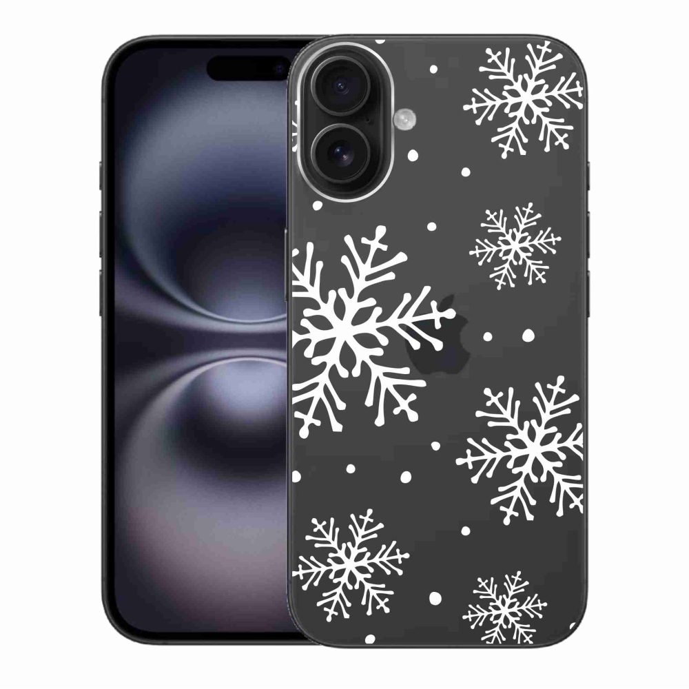 Gelový kryt mmCase na iPhone 16 Plus - bílé vločky na průhledném pozadí