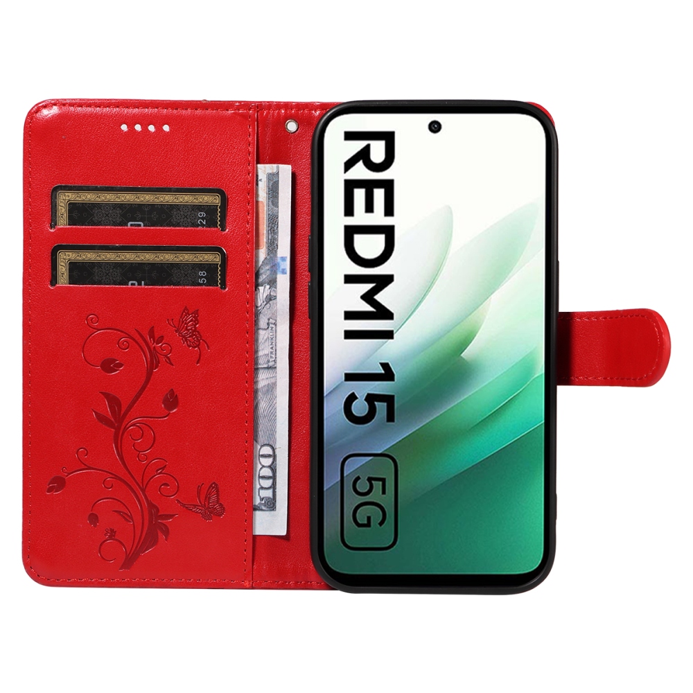 Flowery knížkové pouzdro na Xiaomi Redmi 15 4G (171mm) - červené