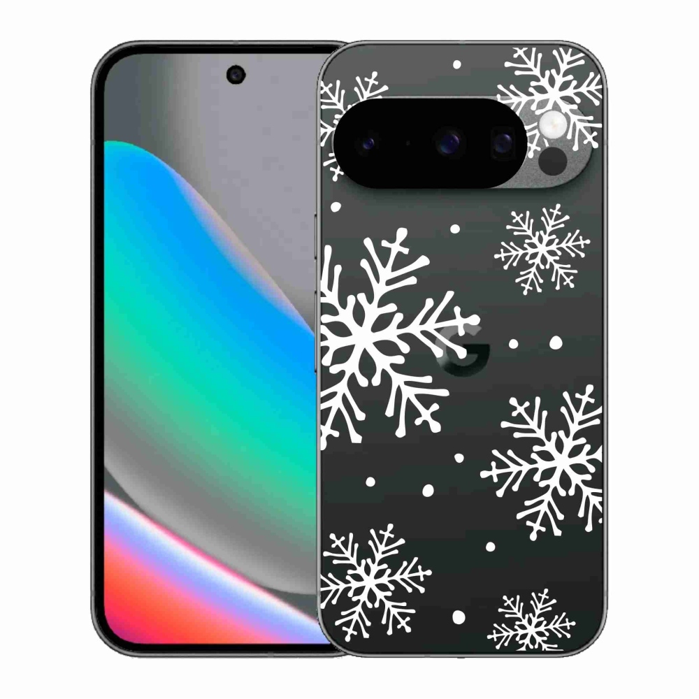 Gelový kryt mmCase na Google Pixel 10 Pro - bílé vločky na průhledném pozadí