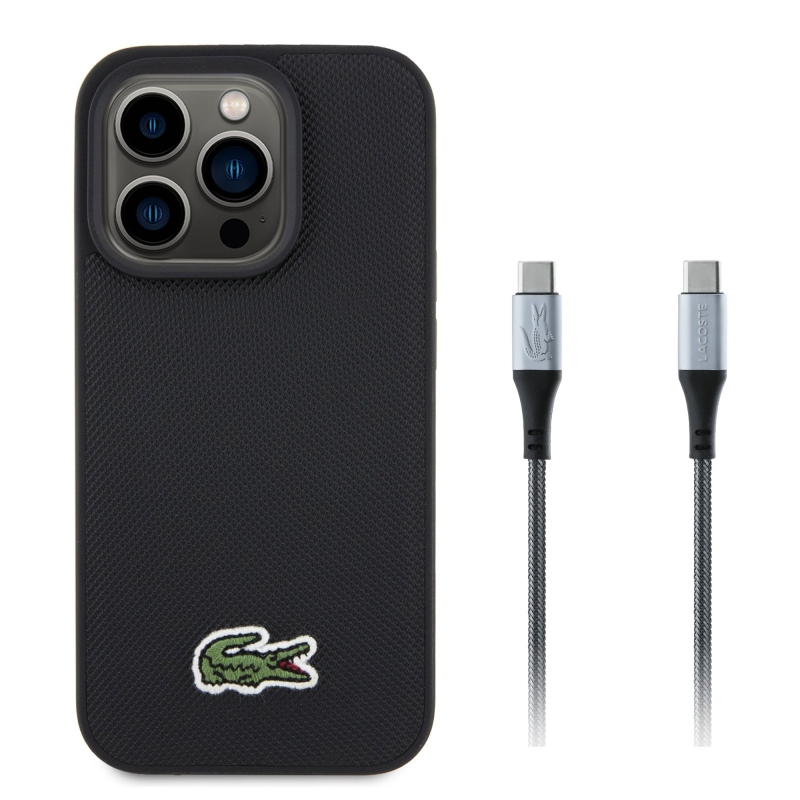 Lacoste Iconic Petit Pique Woven Logo MagSafe Zadní Kryt pro iPhone 15 Pro Black + USB-C/USB-C Datový Kabel