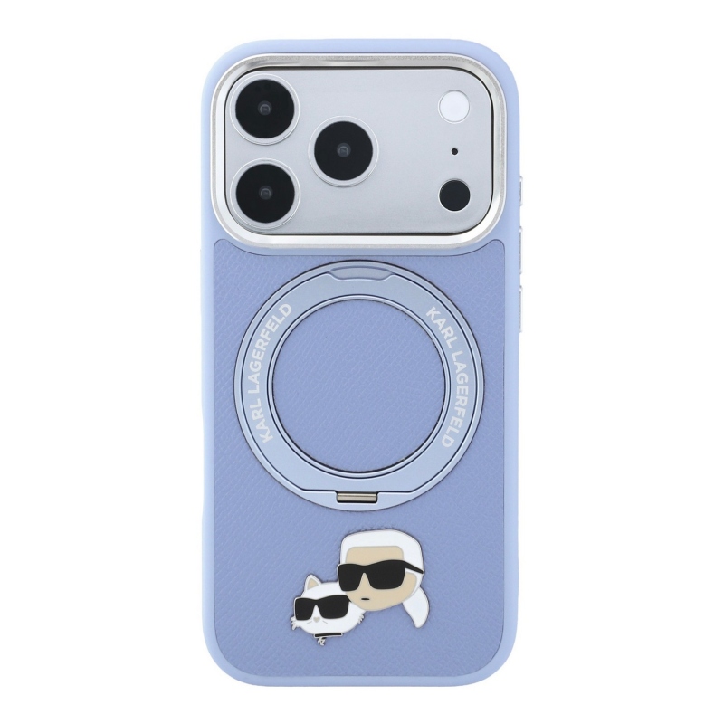Karl Lagerfeld PU Grained K&CH Heads Ring Stand Magsafe Zadní Kryt pro iPhone 18 Pro Blue