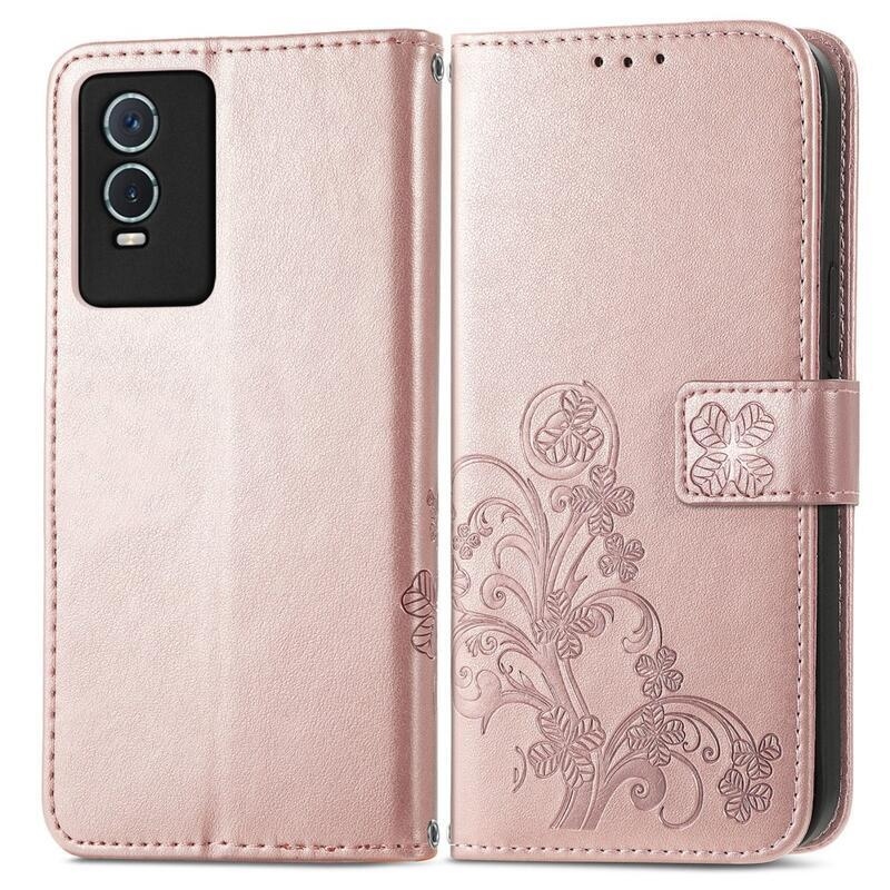 Leaf PU kožené peněženkové pouzdro na mobil Vivo Y76 5G/Y76s - růžovozlaté