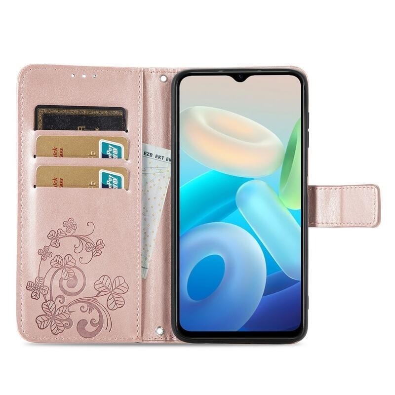 Leaf PU kožené peněženkové pouzdro na mobil Vivo Y76 5G/Y76s - růžovozlaté