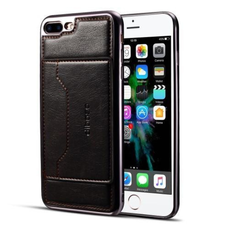Leathy gelový obal se zády z PU kůže a stojánkem na iPhone 8 Plus a 7 Plus - černý