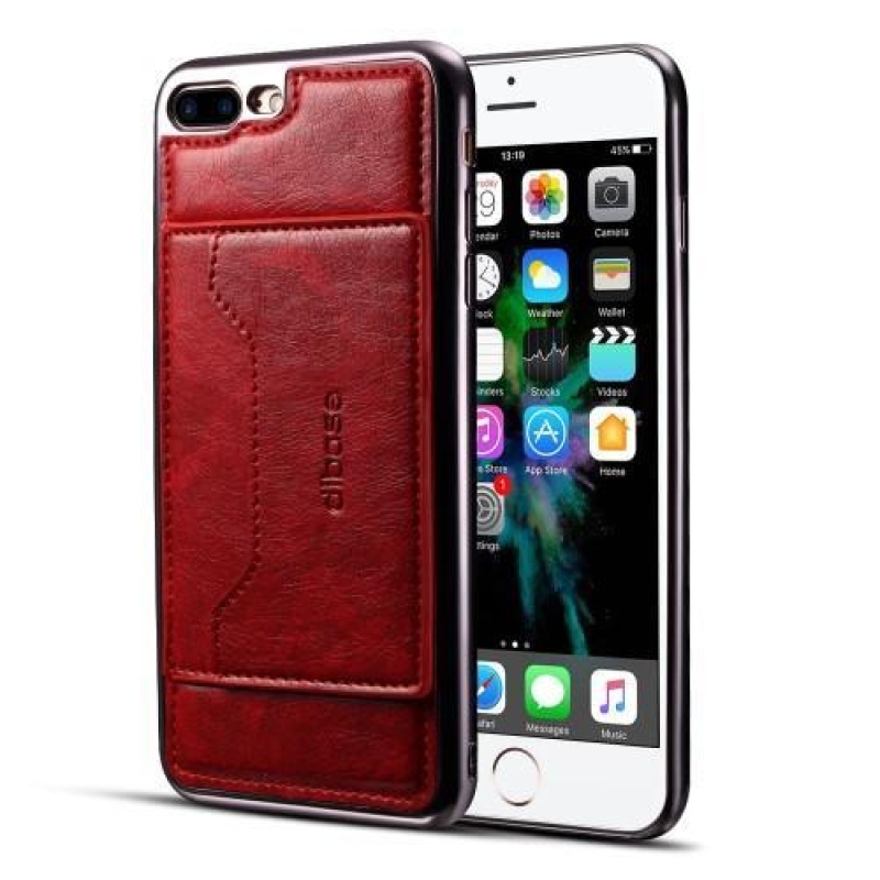 Leathy gelový obal se zády z PU kůže a stojánkem na iPhone 8 Plus a 7 Plus - červený