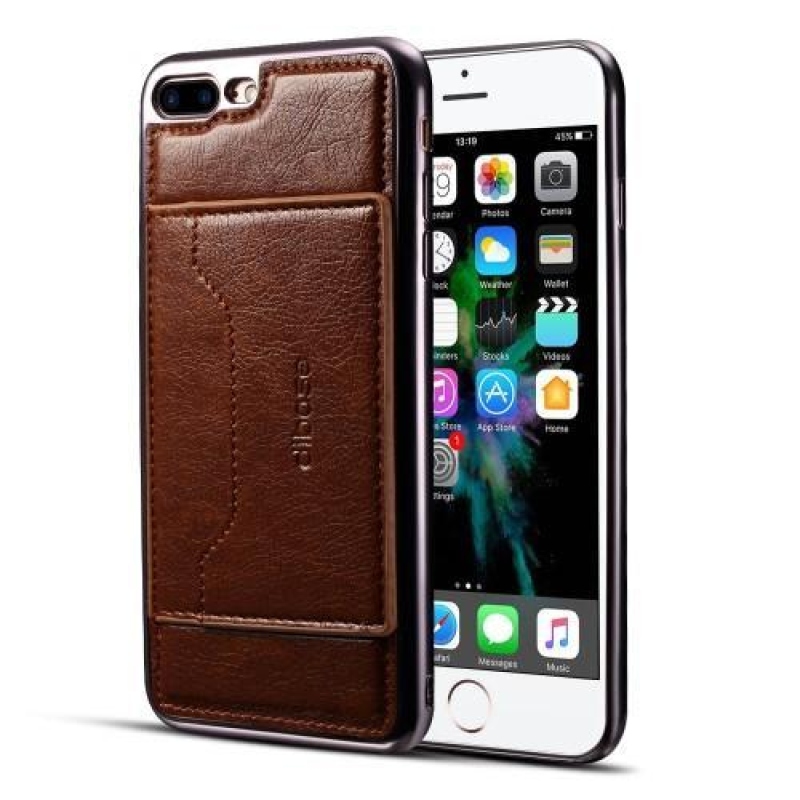 Leathy gelový obal se zády z PU kůže a stojánkem na iPhone 8 Plus a 7 Plus - tmavěhnědý