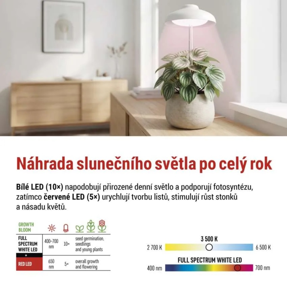 LED GROW pěstební lampa 5 W, časovač - bílá
