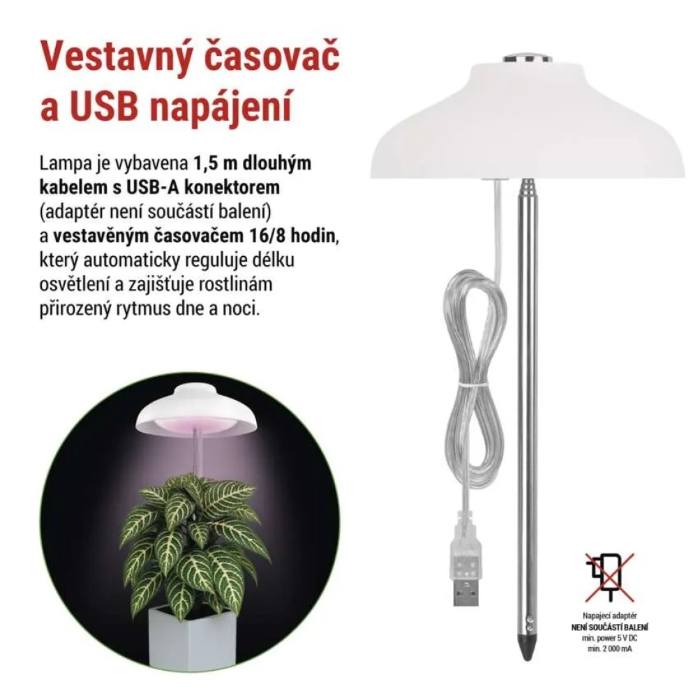 LED GROW pěstební lampa 5 W, časovač - bílá