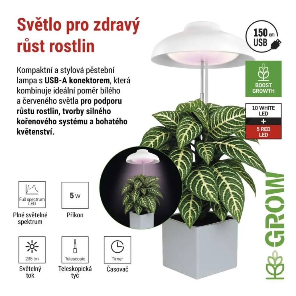 LED GROW pěstební lampa 5 W, časovač - bílá