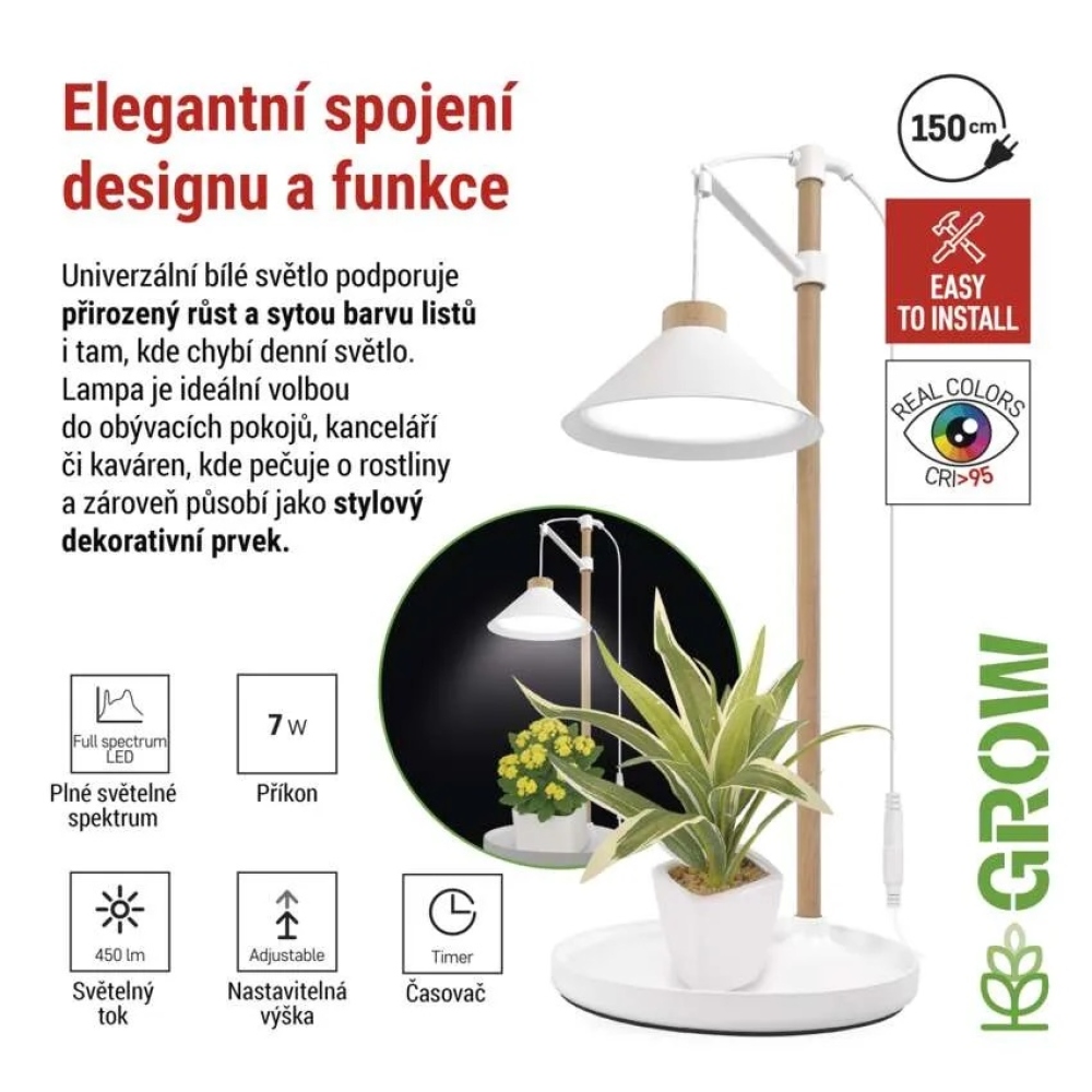 LED GROW pěstební lampa 7 W, časovač - bílá