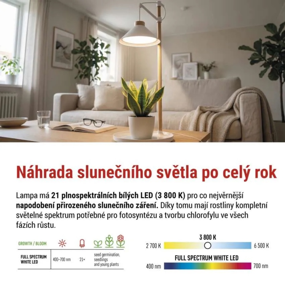 LED GROW pěstební lampa 7 W, časovač - bílá