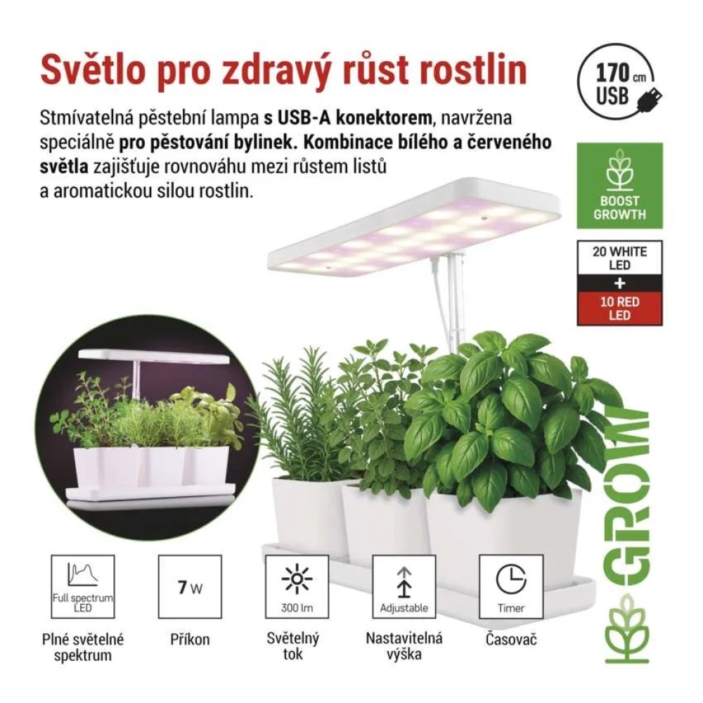 LED GROW pěstební lampa 7 W, časovač, stmívatelná - bílá