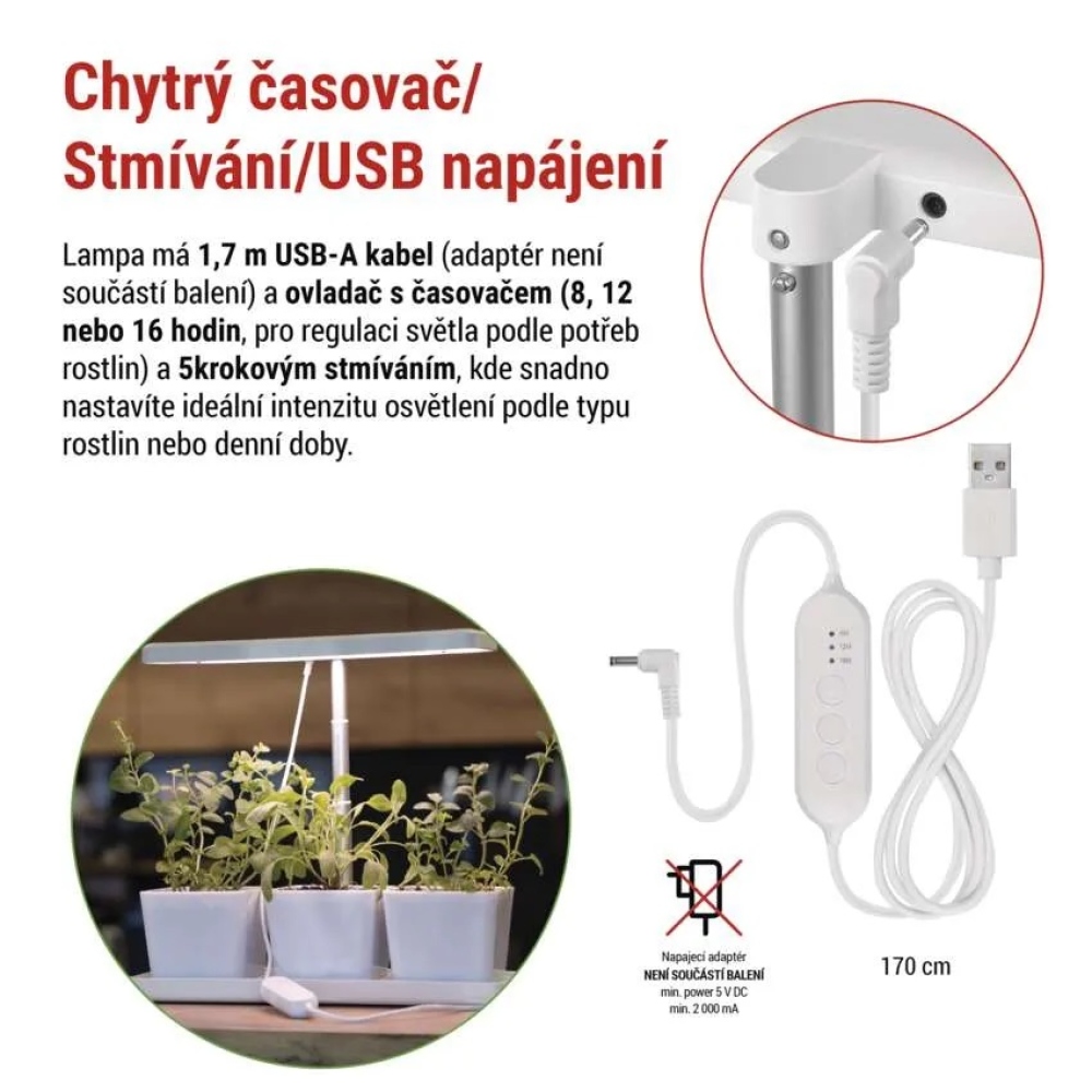 LED GROW pěstební lampa 7 W, časovač, stmívatelná - bílá