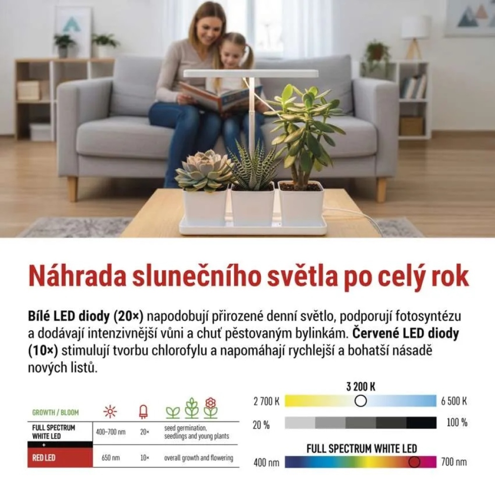LED GROW pěstební lampa 7 W, časovač, stmívatelná - bílá