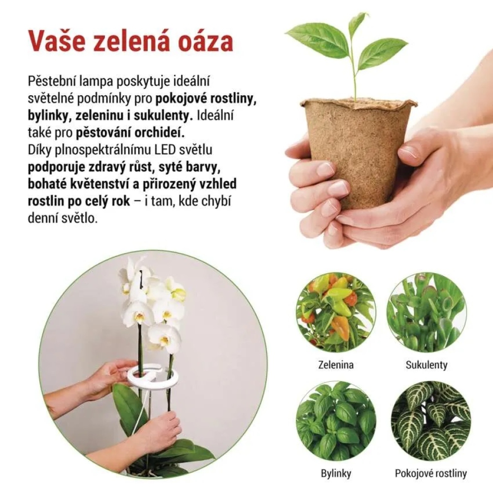 LED GROW pěstební lampa 8 W, časovač, stmívatelná - bílá